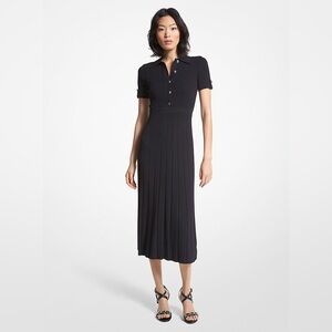Michael Kors Black Ribbed Knit Polo Midi Dress Pleated Skirt MS381J75EU